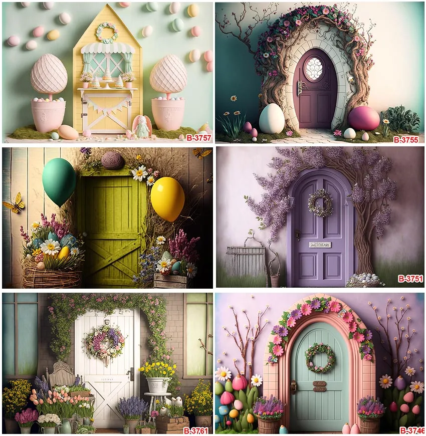 

Happy Easter Holiday Spring Scene Floral Eggs Rabbit Bunny Photography Backdrops Plants Wooden Door Vines Baby Shower Background