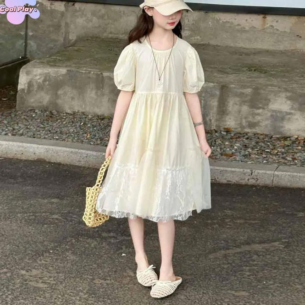 

Элегантное свободное платье с пышными рукавами для девочек, кружевное летнее детское платье для подростков, плиссированное детское платье принцессы для пляжного отдыха, вечерние