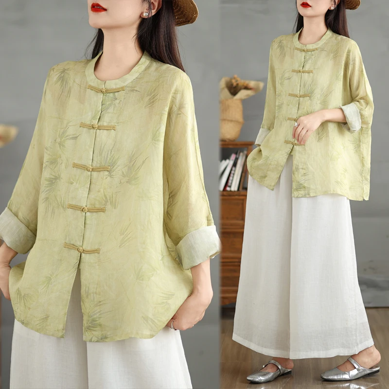 レトロな民族風プリント麻素材の女性用春秋ハイエンド気質ボタンアップコート、芸術的な襟、改良されたタ...