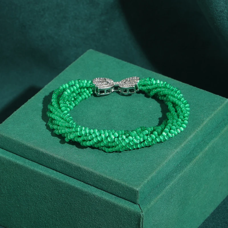 

Vintage Layered Green Beads Bracelet Wrist Jewelry For Woman Silver Color Emerald 2026 Elegant Banquet Luxury Accessories