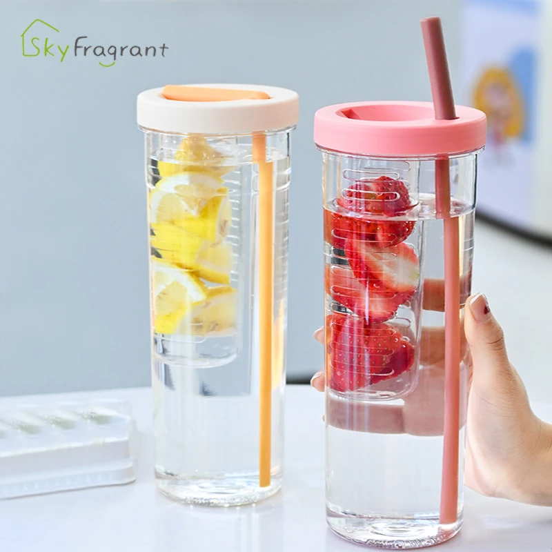 

Outdoor Large Capacity Straw Cup 700ml Sippy Water Bottle Girl Simple Anti-drop Plastic Portable Mug With Partition Print Logo