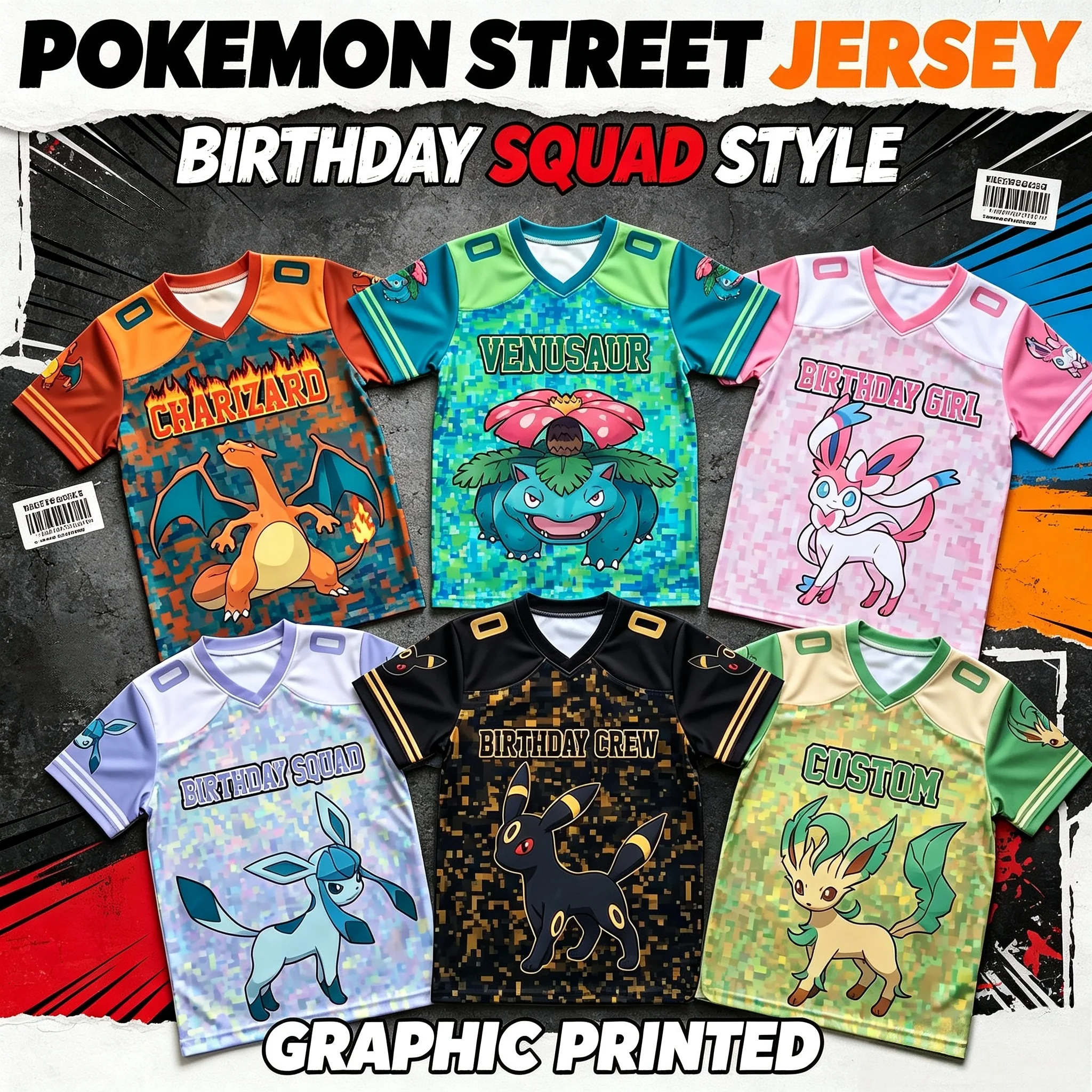 Neutral V-neck Sports Shirt Pixel Camouflage Cute Monster Print Short Sleeved T-shirt Birthday Party Street T-shirt