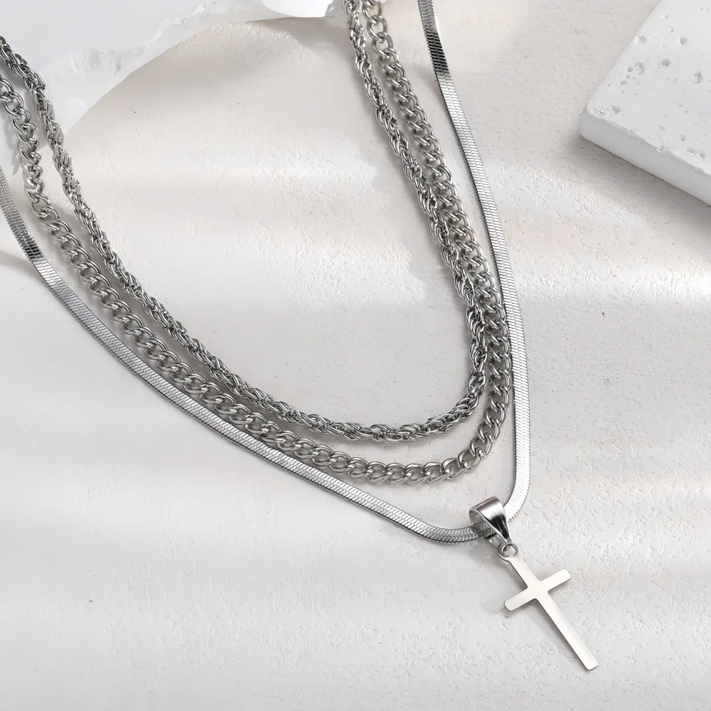 Hip-Hop-Kreuz-Mehrschichtige Kettenhalskette, einfache silberfarbene Legierungs-Twist-Kette, Herrenhalskette, trendiger Schmuckzubehör – Detail 4