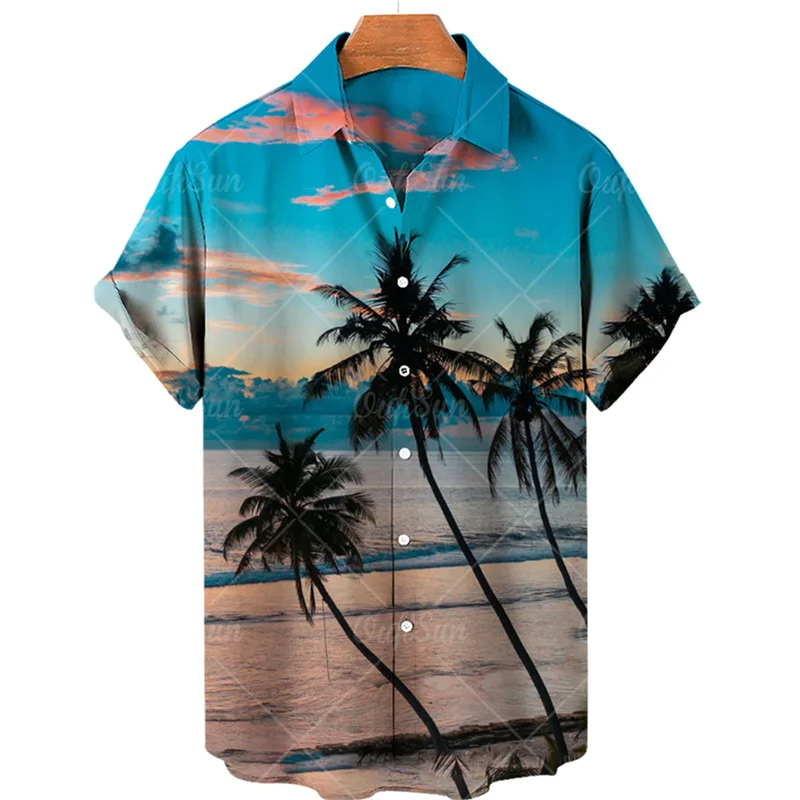 Men\'s Summer Sunset Floral Hawaiian Short Sleeve Shirt Casual Social Original Beach Vacation Goth Harajuku Luxury Y2k Clothing