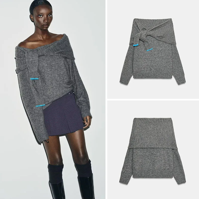 

Ele Long Sve oulder Bared Knitted Sweater New Arrival Autumn Women's Faion Casual Straight Cut Knitwear