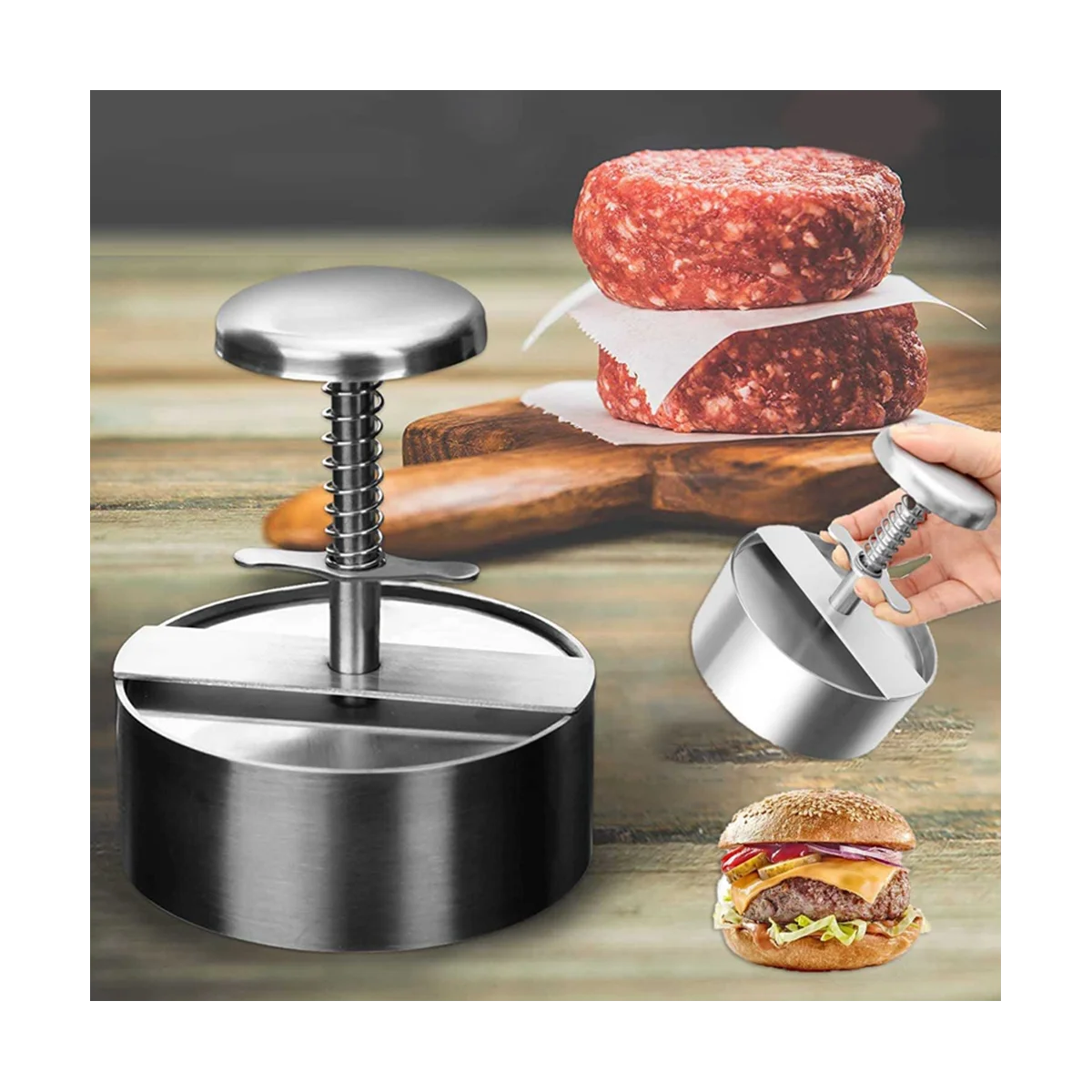 Hamburger Patty Maker Press 304 Stainless Steel Non-Stick Round Manual Rice Ball Mold Thickness Adjusted Kitchen Tool