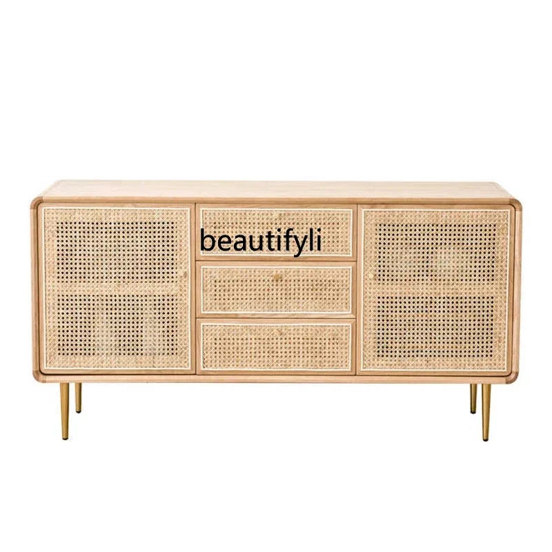 

White Wax Wood Rattan Sideboard Cabinet Entrance Household Storage Cabinet Light Luxury Storage Cabinet