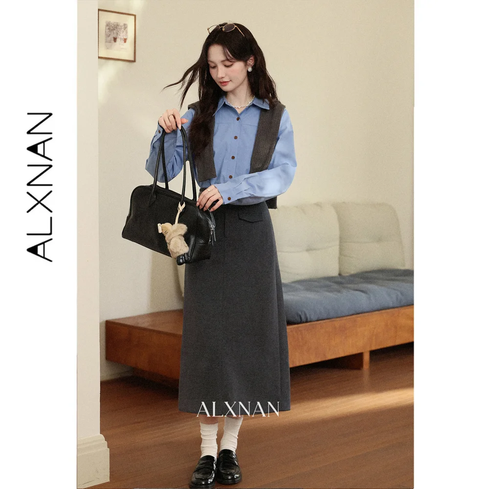 ALXNAN Women's Dark Grey High Waist A-Line Midi Skirt Commuter Casual Versatile Minimalist Slimming Autumn 2026 L68277