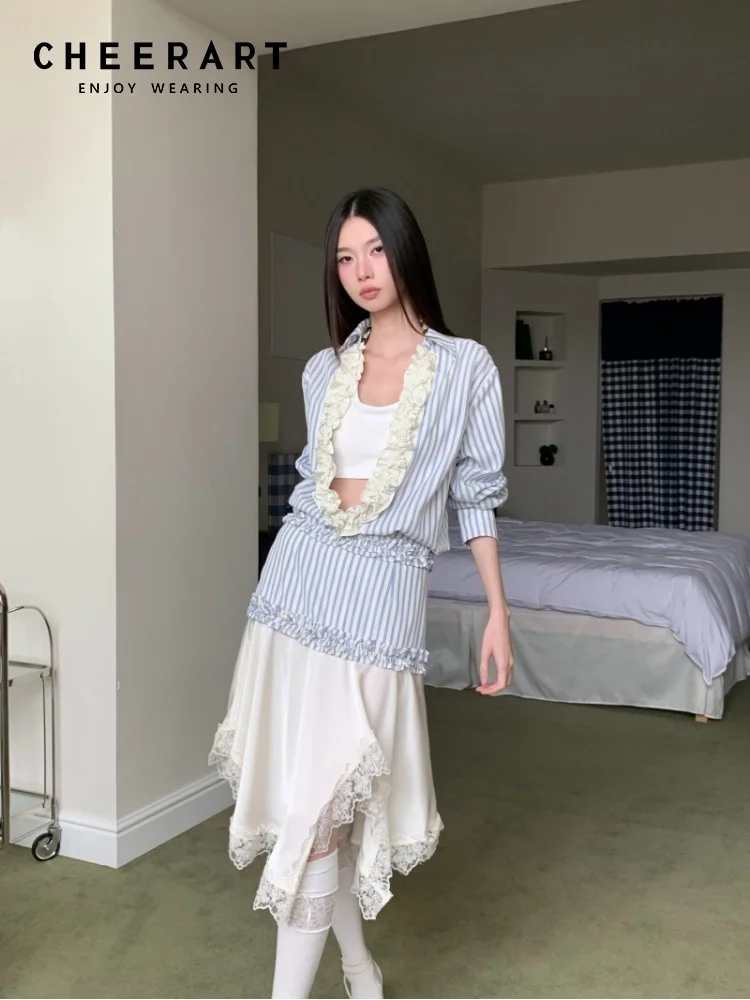 

CHEERART Designer Striped Deep V Neck Long Sleeve Shirt Fall 2025 Fashion Woman Blouse Ruffles Oversized Button Up Shirt Clothes