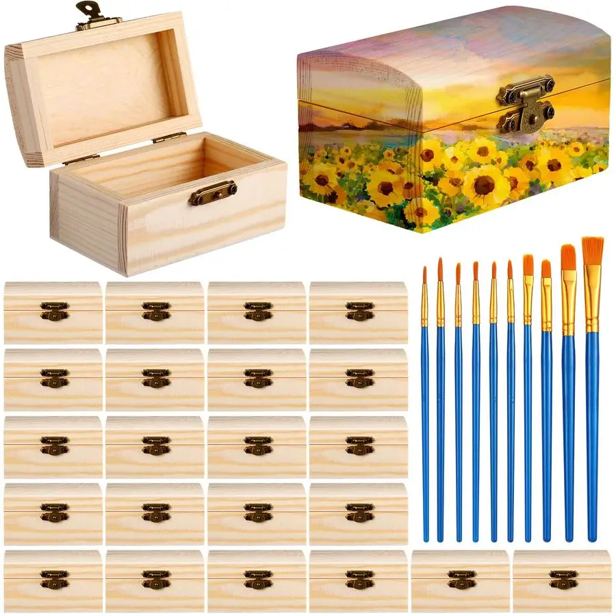 

24 Pcs Unfinished Wood Treasure Chest with 10 Paintbrushes, Small Treasure Craft Boxes with Locking Clasp Wooden Storage Box for