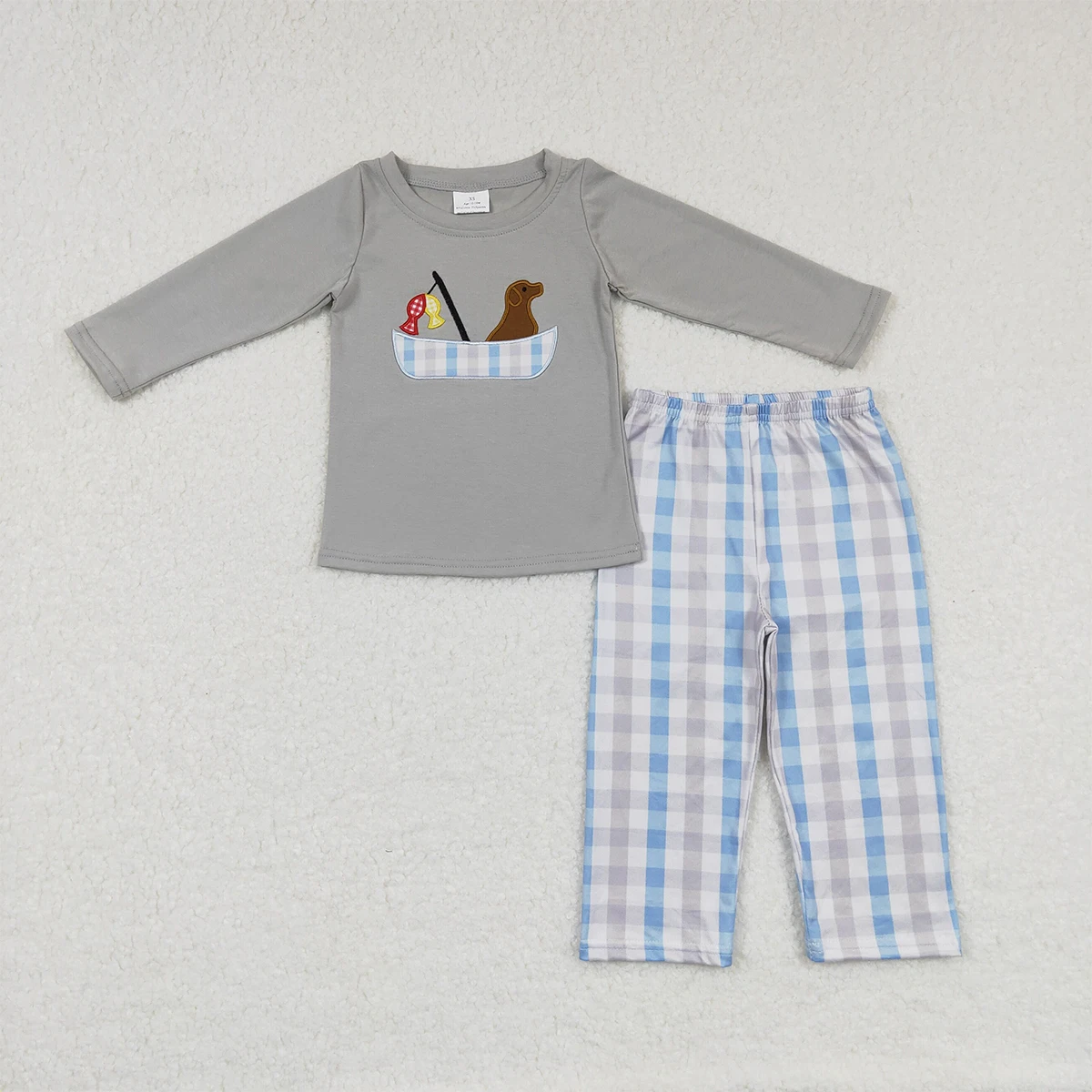 Wholesale Children Embroidery Puppy Fishing Brown Long Sleeve Pajamas Toddler  Plaid Pants Baby Boy Sleepwear Set Kid Outfit