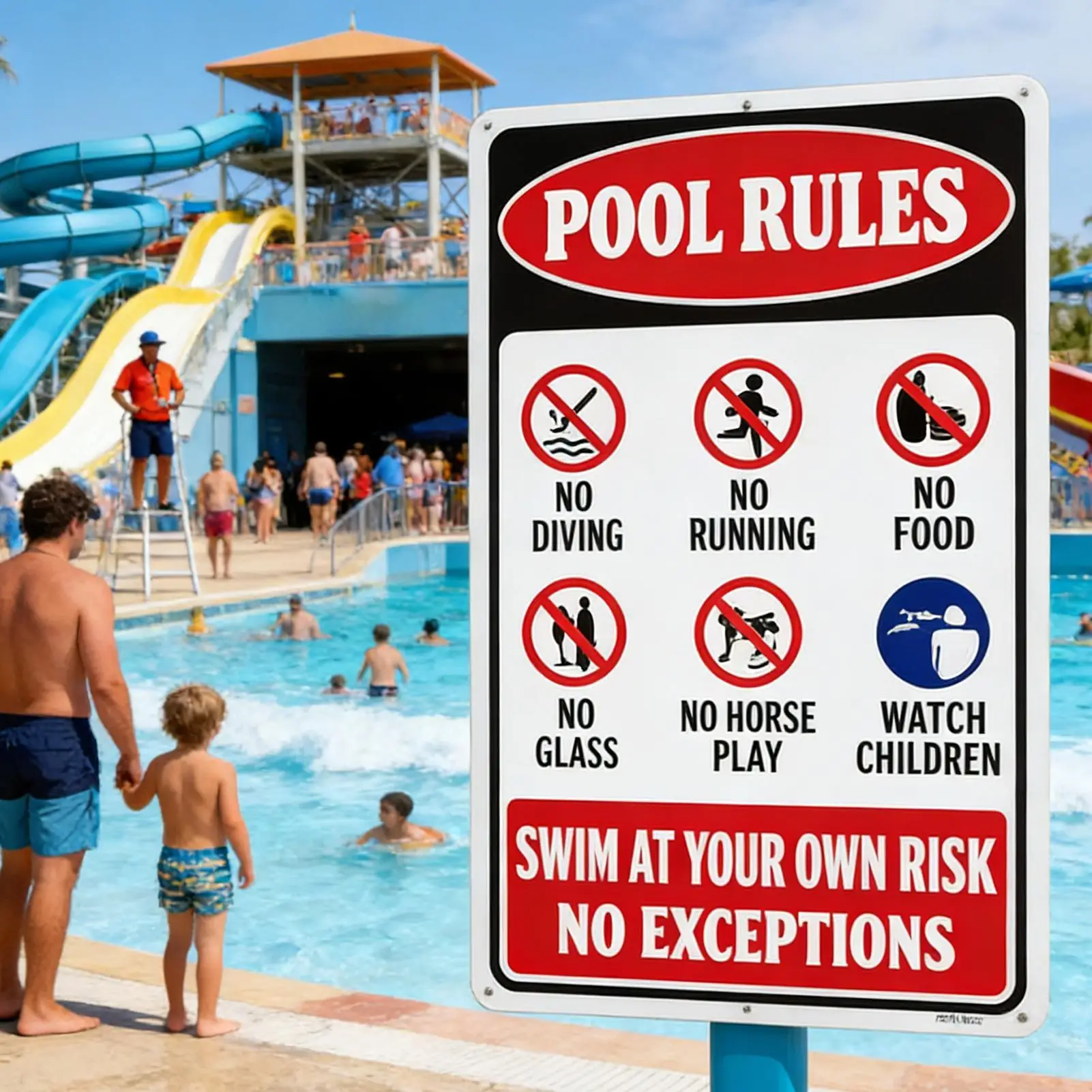 Pool Signs for Outside Rustproof Weatherproof Metal Safety Swim At Your Own Risk Sign for Sidewalk Backyard Poolside Deck Water
