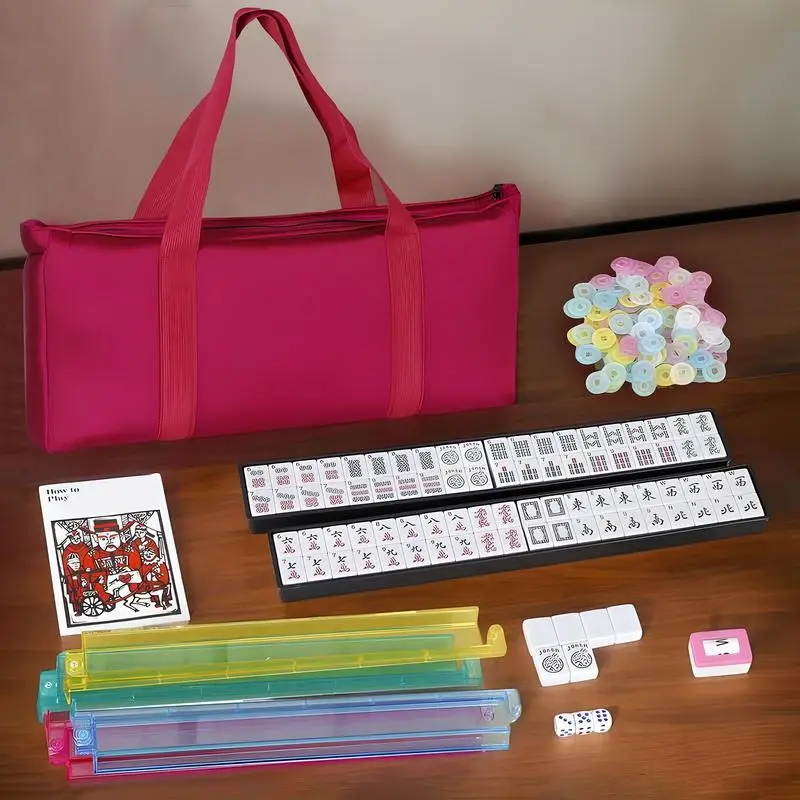 Mahjong Tile Set Small Mahjong Set With Carrying Bag Beautiful Portable Mah Jongg Play With Rulers Dices Playing Learning Tool