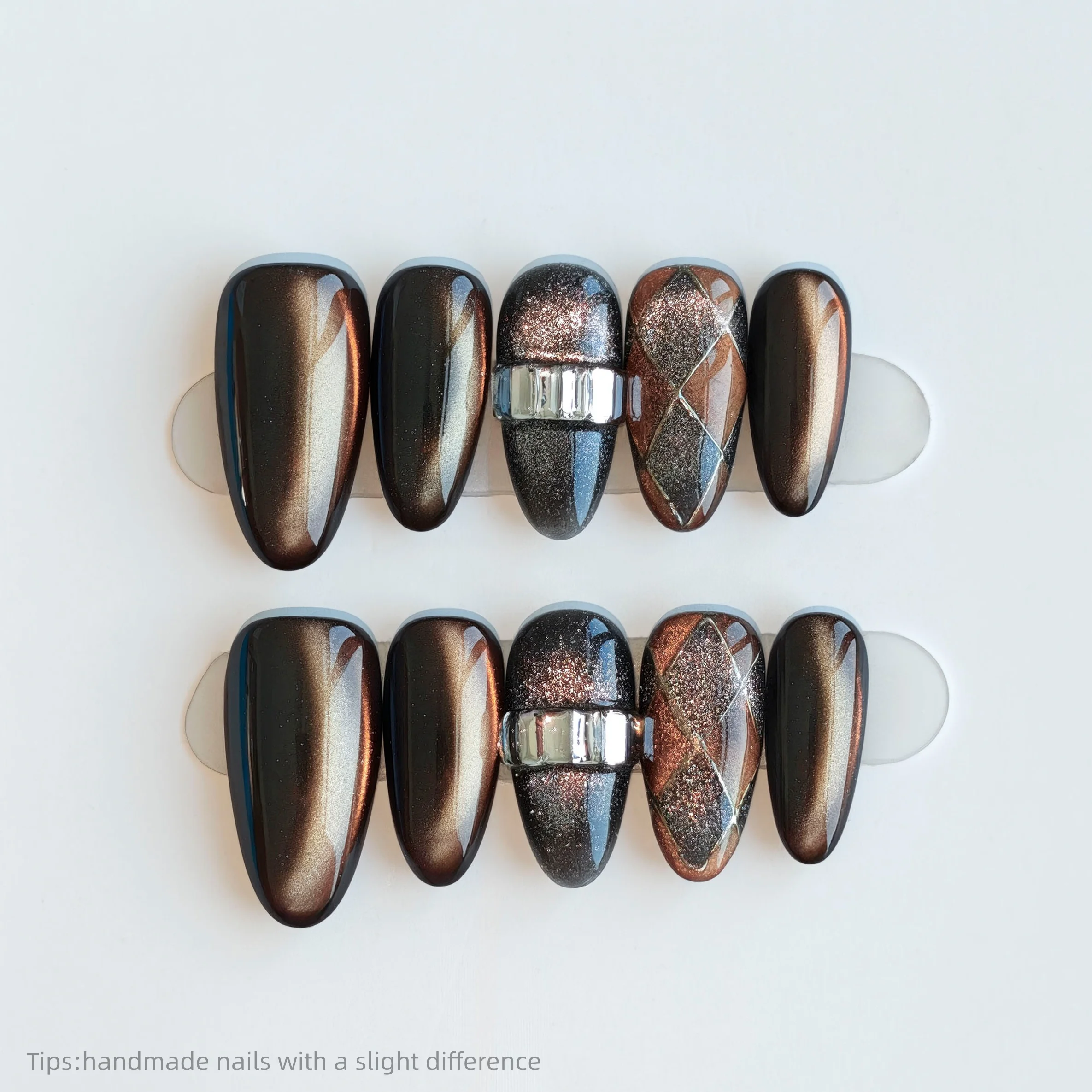 10 szt. Ręcznie robione ciemnobrązowe czarne paznokcie z efektem kociego oka, brokatem i diamentami, naklejane, migdałowe, długotrwałe, wielokrotnego użytku, błyszczące sztuczne paznokcie dla dziewcząt.