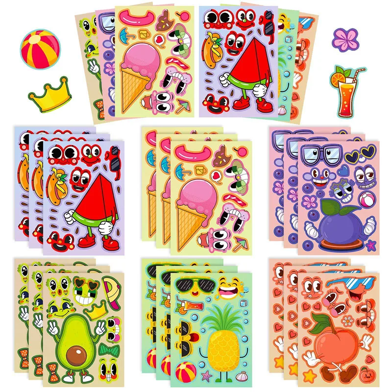 6-24sheets Make Your Own Fruit Stickers Children Make A Face Stickers DIY Watermelon Avocado Pineapple Ice Cream Puzzle Jigsaw