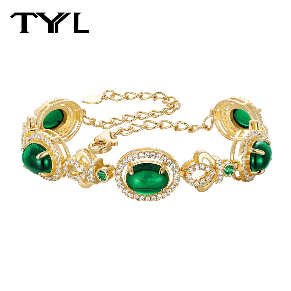 

TYYL 14k Gold Plated Bracelet with Green Synthetic Stones & 5A Zircon Elegant Vintage Link Chain Jewelry for Women Anniversary