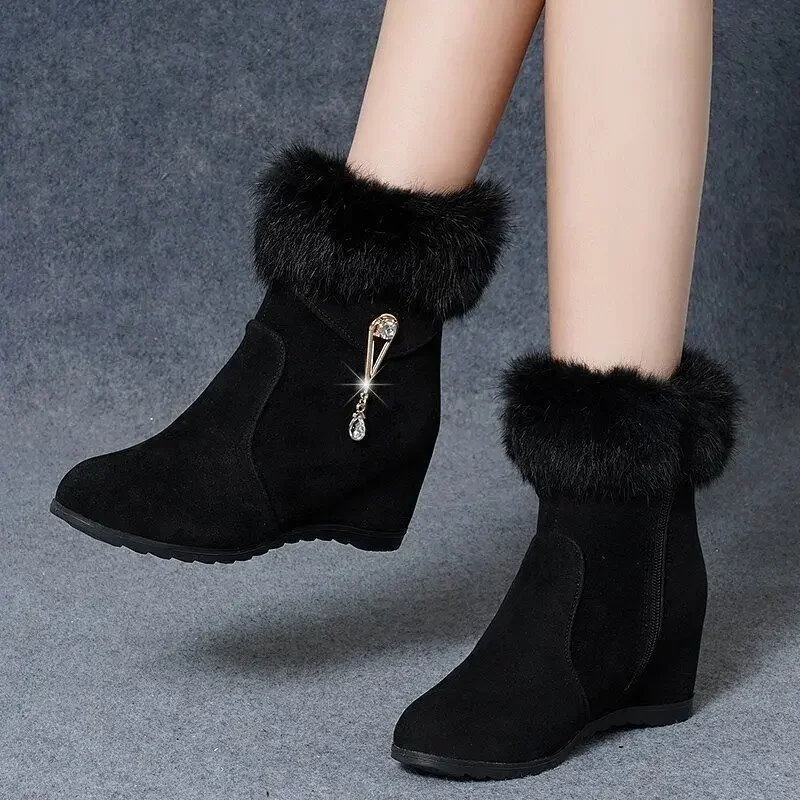 Winter Fashion Women Wedges Ankle Boots Increasing Height Shoes High Heels Booties Metal Rhinestone Botas Mujer 2024