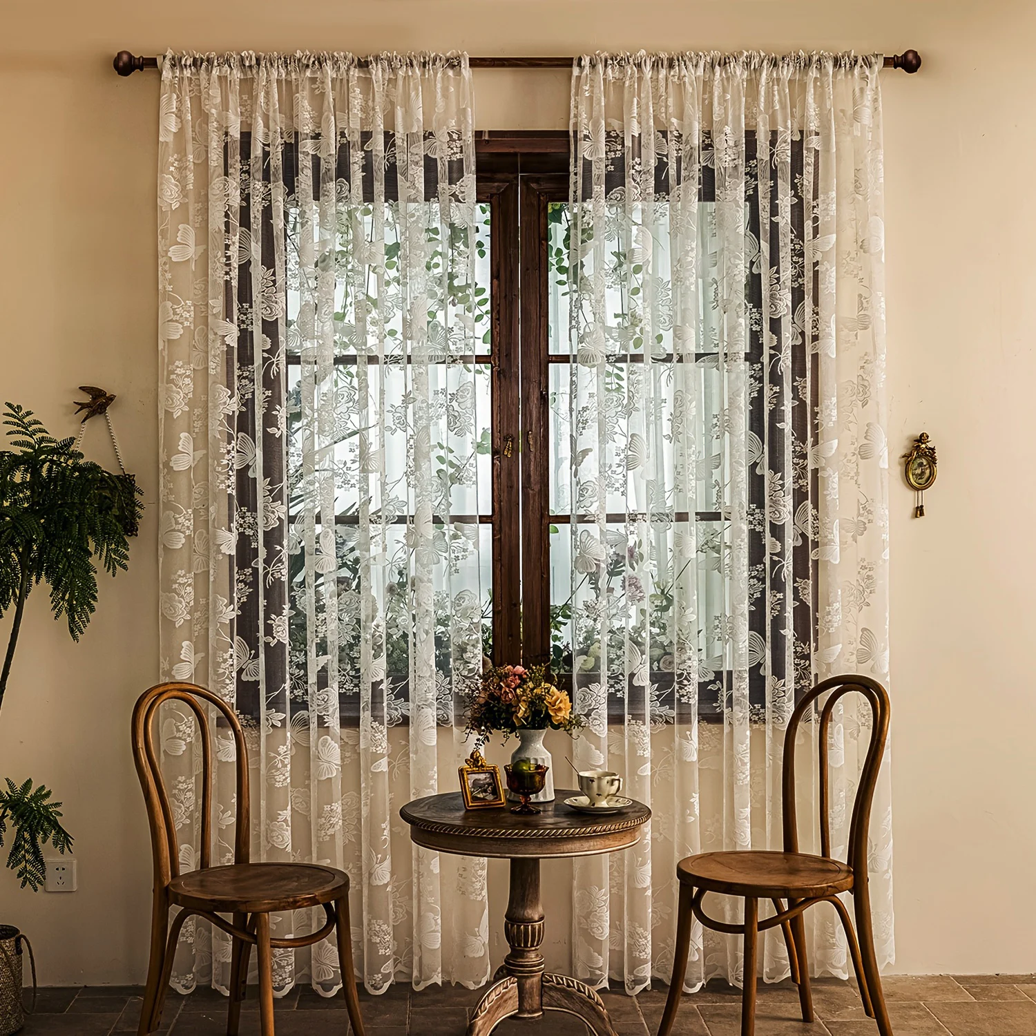 

French Embroidered Lace Butterfly Tulle Curtain For Living Room ,White Tulle Curtain For Bedroom, Machine Washable Sheer Voile