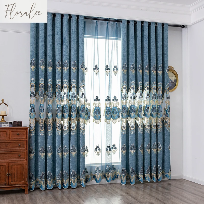 New Chenille European Luxury Curtains High-end Bedroom Living Room Blackout  Window Water-soluble Hollow Embroidery Customized