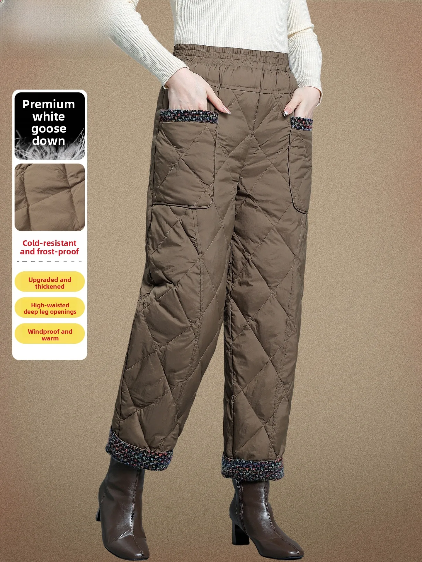 

Брюки Sli Mommy Pants с гусиным пухом, теплые брюки с высокой талией для женщин среднего и старшего возраста, повседневные длинные брюки свободного кроя