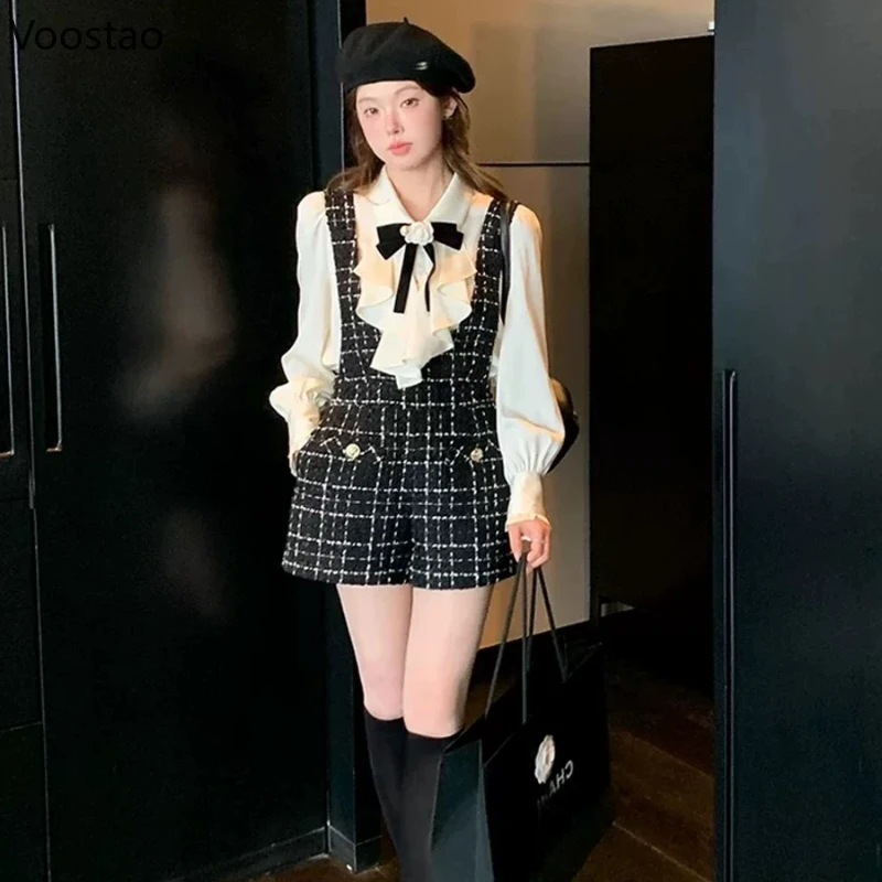 Elegant Vintage 2 Piece Set Women Gothic Fashion Bow White Shirt Tops Plaid Overalls Shorts Suit Korean Sweet Shorts Y2k Outfits