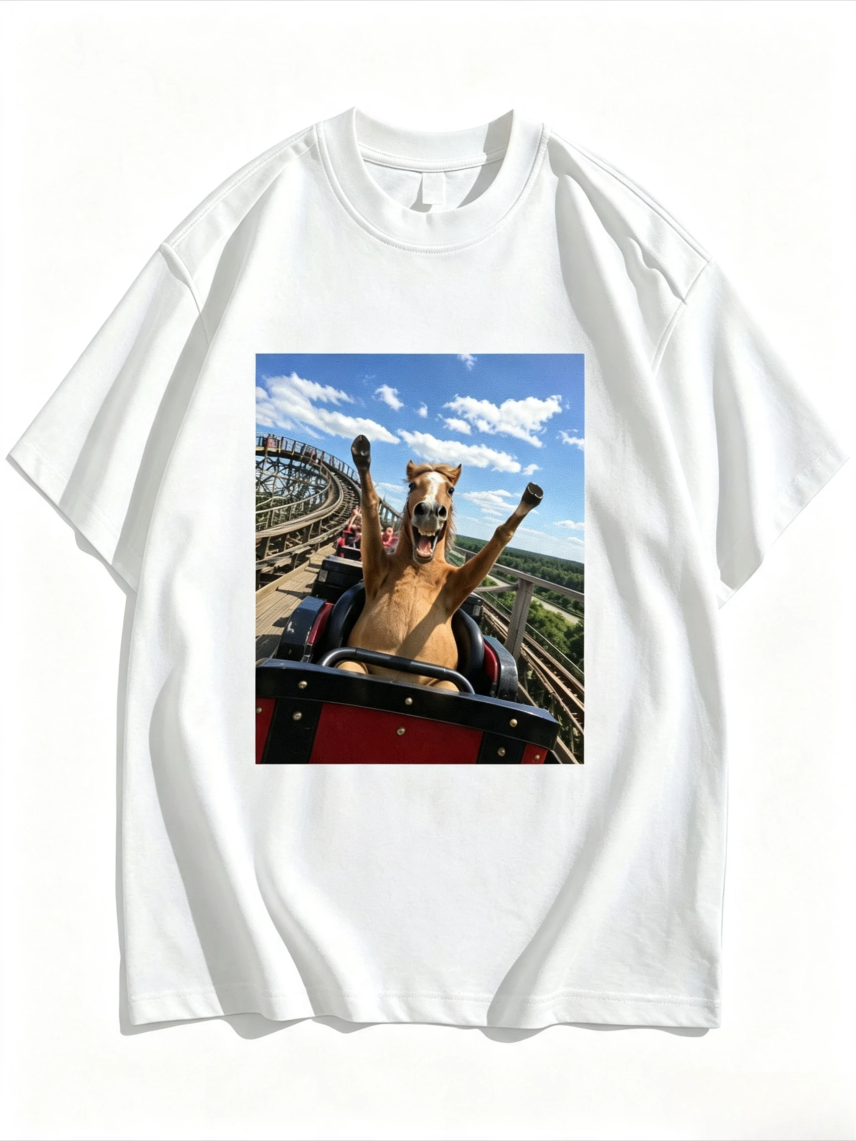 Funny Excited Mini Pony Roller Coaster Graphic T-shirt Men Women Cute Animal Meme Print Short Sleeve Casual Streetwear Tops