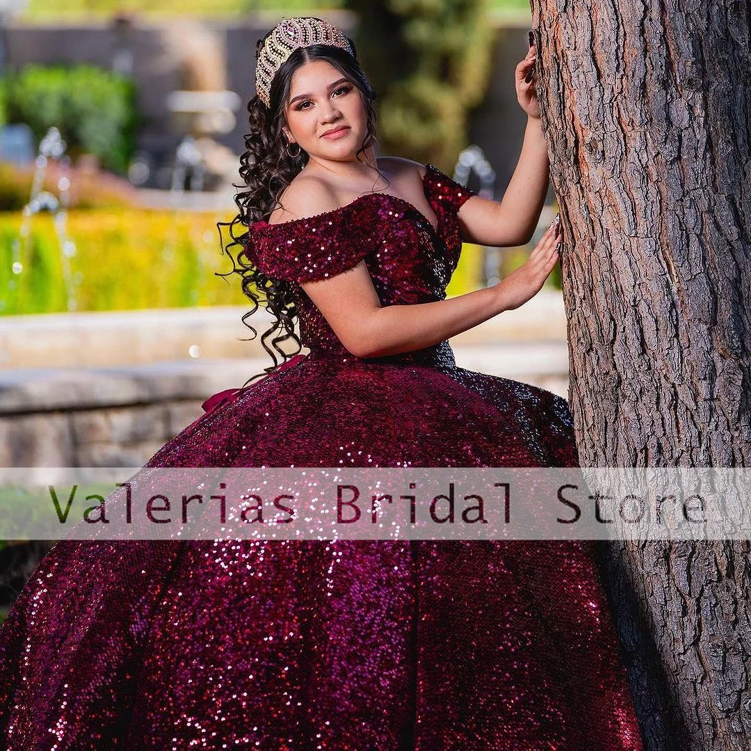 Quinceanera فستان مكشوف الكتفين للبنات ، فساتين حفلة الأميرة ، أحمر سباركلي ، فتيات المكسيك ، 15