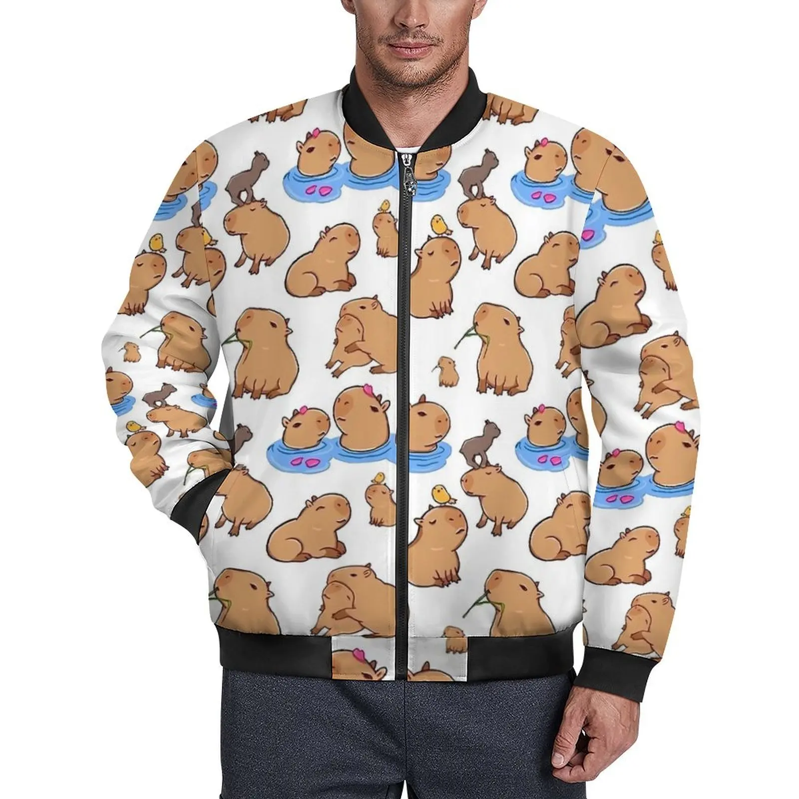 Capybara Print Jackets Winter Cartoon Animal Modern Casual Coats Men With Pockets Outdoor Windbreakers Graphic Oversize Jacket