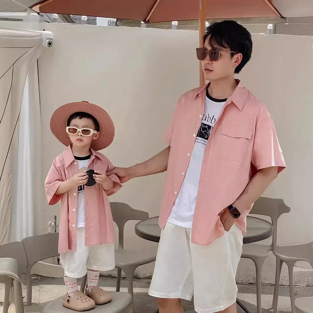 Family Clothes Mother Daughter Matching Puff Sleeve Dresses Mom Baby Girls Pink One Piece Dress Dad Son Same Short Sleeve Shirts