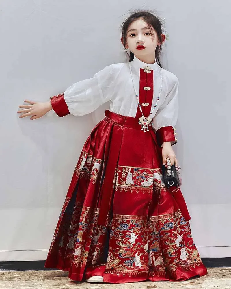 

Children`s 2-16Y Hanfu 2pcs Sets Horse Face Skirt Girls New Year Costume Chinese Vintage Shirt+Pleats Skirt For Baby Kid Teenage