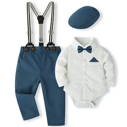 Frühling Neugeborenen Jungen Kleidung koreanische Mode Dot Gentleman Säugling Bodysuit Overalls Hosen Krawatte Hut Träger Baby Kleidung Sets bc049