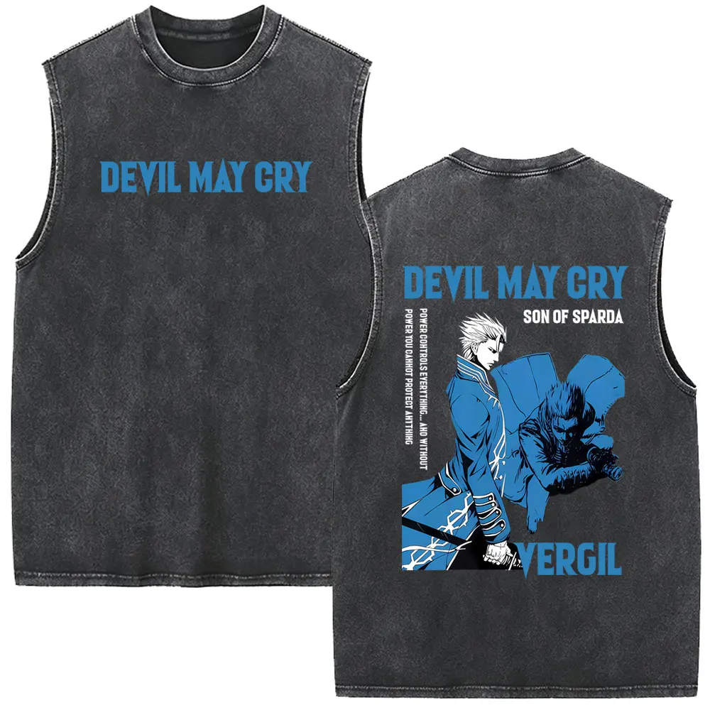 Anime Devil May Cry Son of Sparda Vergil Vintage Washed Tank Tops Men Women Casual Cotton Sleeveless Vest Male Fashion T Shirts