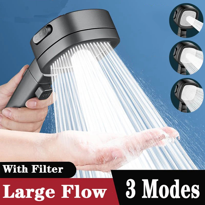 

3 Modes High Pressure Shower Head With Filter Water Saving Large Flow Spray Nozzle Massage Rainfall Shower Bathroom Accessories