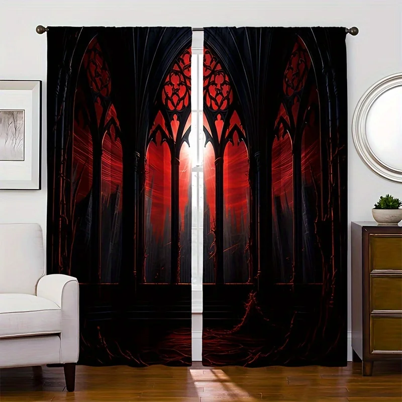 2pcs, Red Curtain Night Gothic Castle Rod Pocket Digital Printed Curtains, Polyester Material, Suitable For Living Room, Kitchen