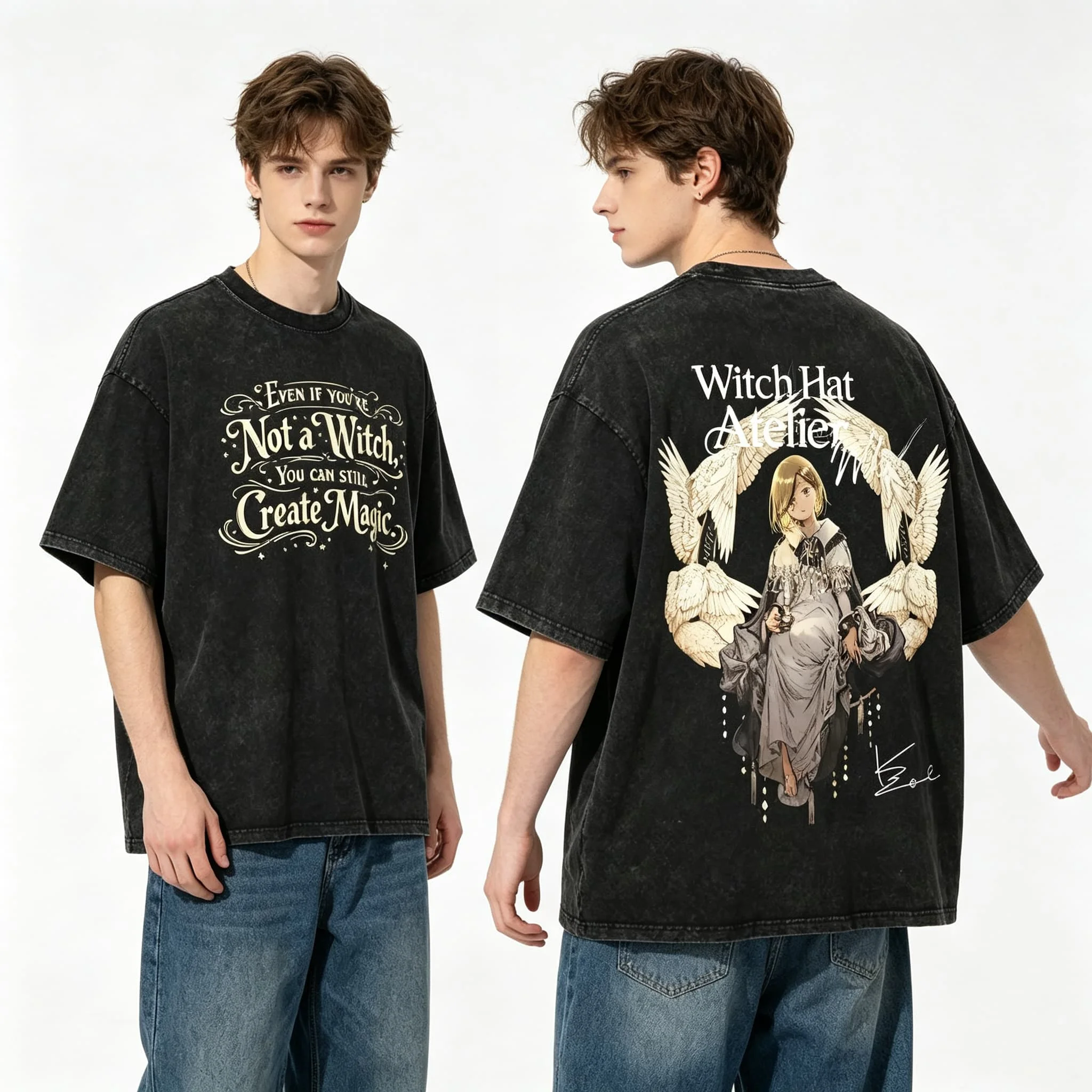 Vintage Witch Hat Atelier Coco Agott Anime Casual Style Women's T-Shirt Unisex Tee Top Men's Cotton Short Sleeve Washed T Shirt