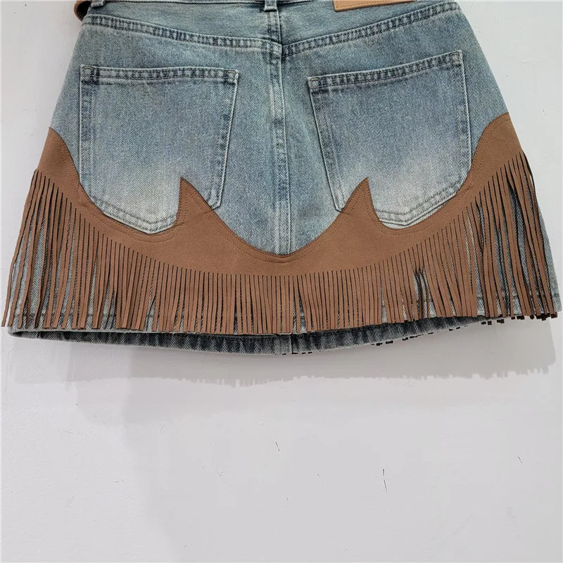 Retro blue fringed denim skirt belt high waist short skirt Mujer Female Chic Zipper Casual Vestidos