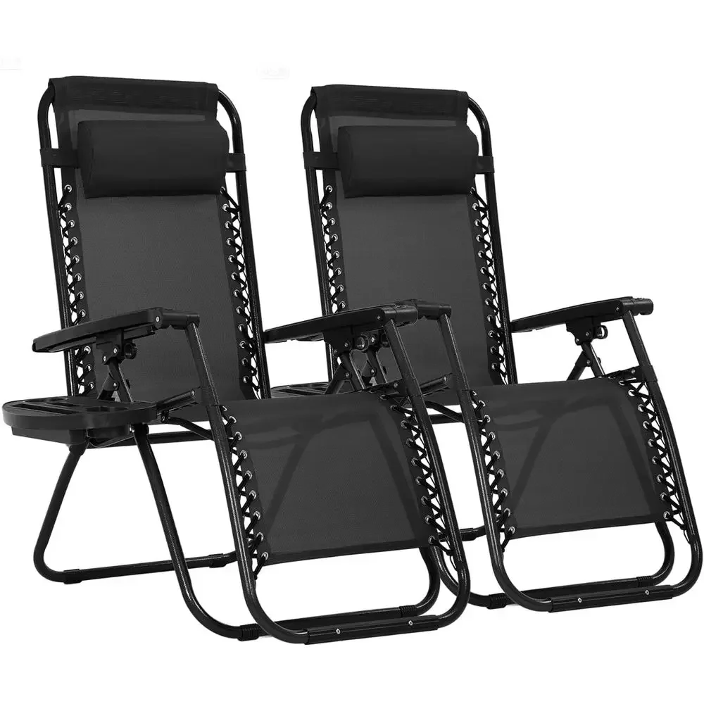 2-Piece Zero Gravity Lounge Chair Set with Removable Pillow and Cup Holder - Ideal for Beach, Patio, or Poolside