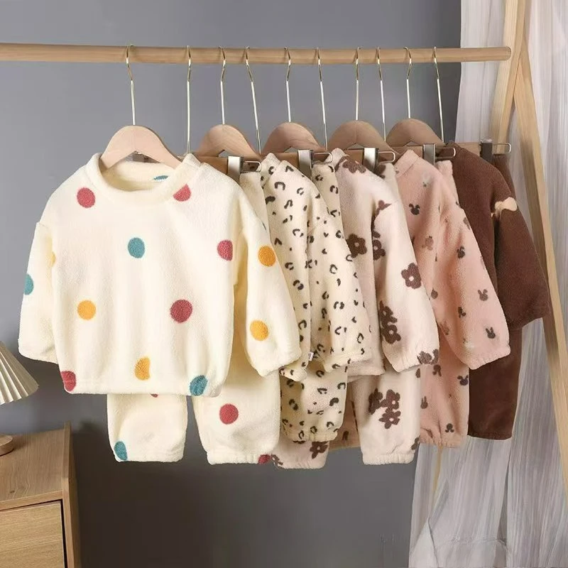 Winter Double-sided Fleece Kids Pajama Sets Girls Boys Home Wear Long Sleeved Set Pajamas Sleepwear Children's Clothing Set