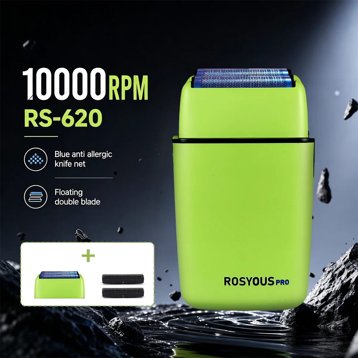 ROSYOUS RS-620 Men's Electric Shaver 10000RPM Double Foil, Cordless USB Charging, Professional Reciprocating with Oil Head