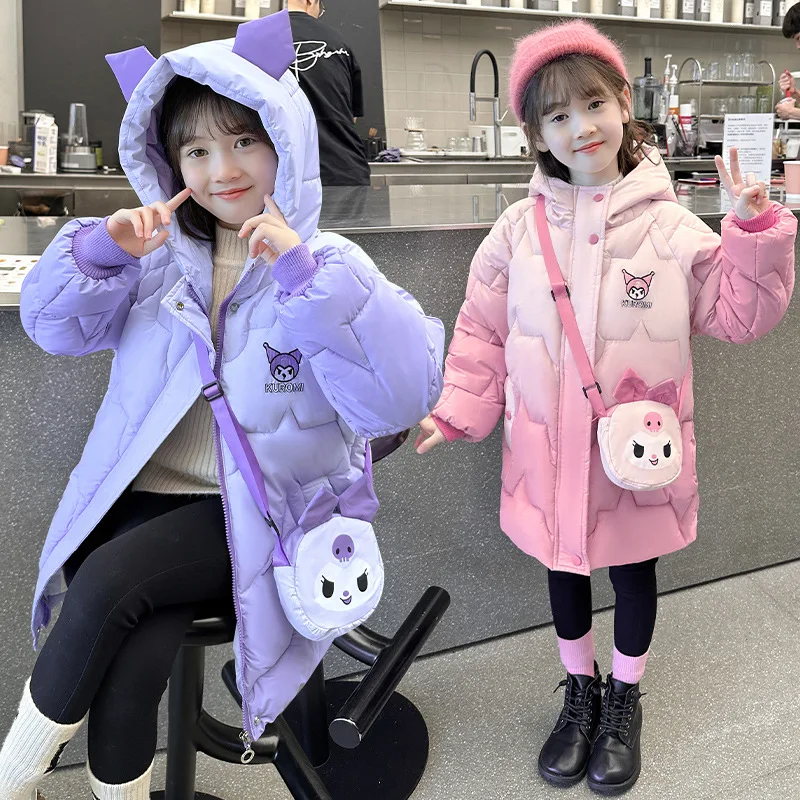 Anime Sanrio Winter Kids Down Coat Kuromi Girls Kawaii Fashion Long Style Outdoors Warm Cotton Hooded Jackets Tops with Bag