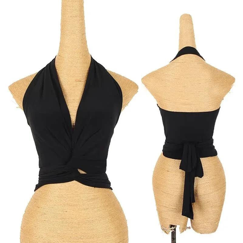 

Latin Dance Clothing Women V Neck Halter Black Tops Strap Blouse Adult Latin Practice Wear Sexy Rumba Samba Dance Wear DNV21576