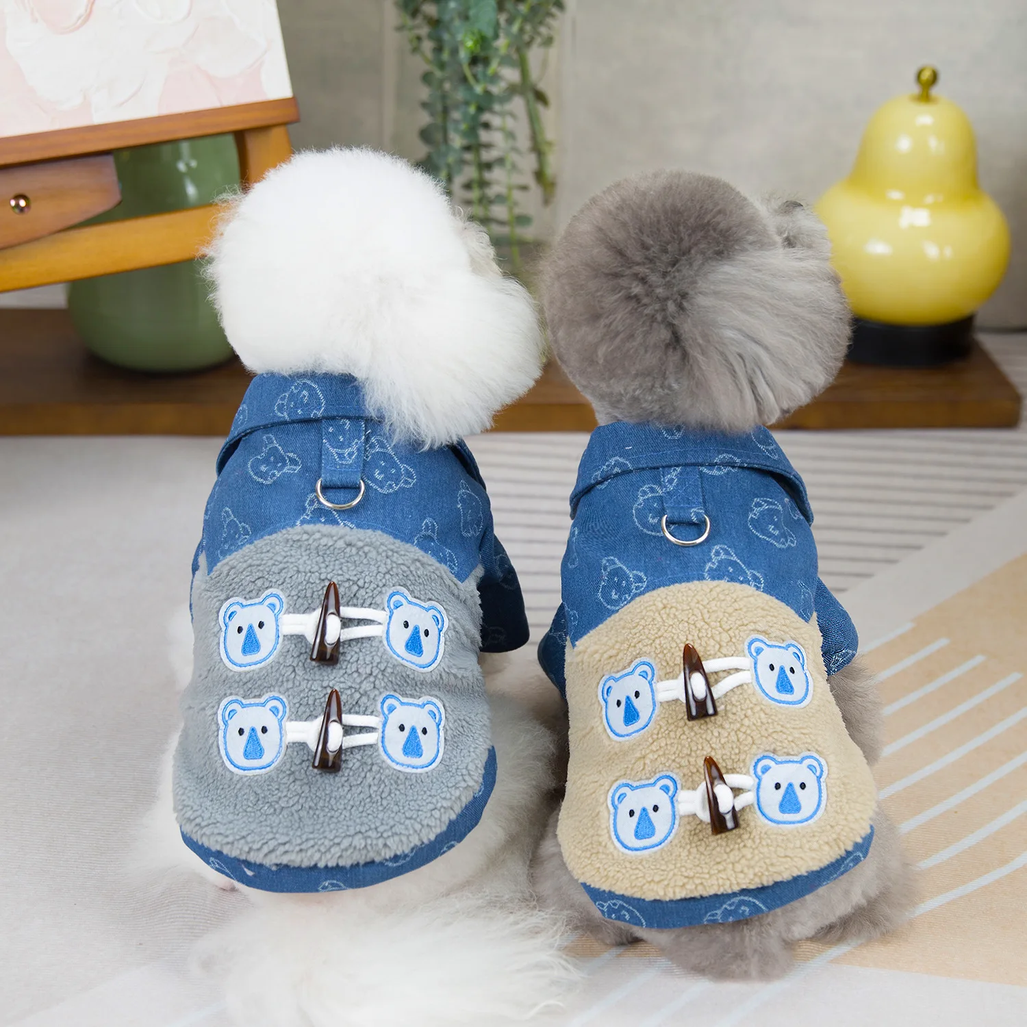 

New Pet Cowboy Cotton Jacket Thickened Warm Flannel Lining Small Dog Winter Jacket Removable Leash Hole Cute Pet Jacket