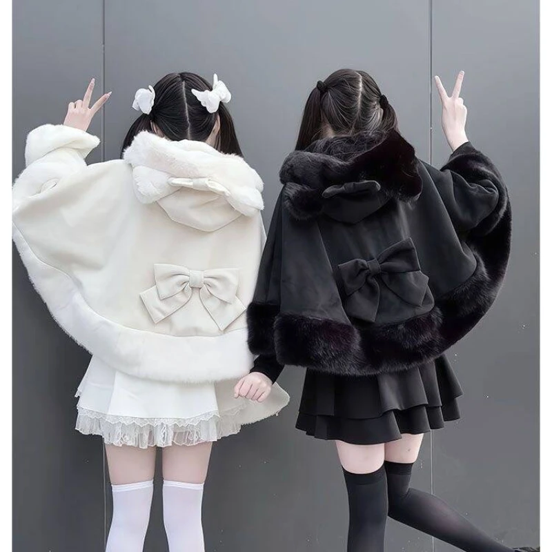 

Японский стиль кавайной Лолиты, плюшевое пончо с капюшоном, женские короткие куртки с милым бантом, винтажный элегантный зимний теплый плащ, верхняя одежда