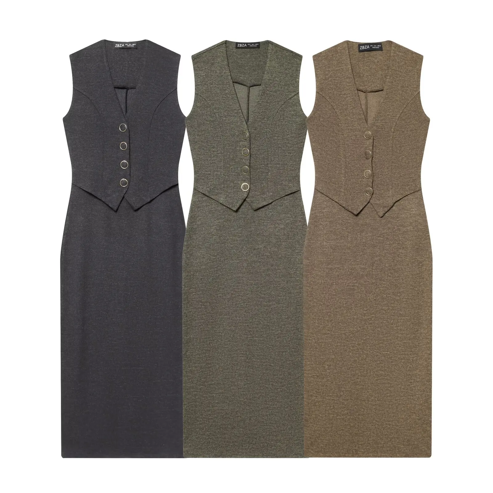 เดรสผู้หญิงทรงเวสต์แบบต่อผ้า ชุดเดรสยาวสำหรับฤดูใบไม้ผลิและฤดูร้อน ปี 2026 ติดกระดุม แขนกุด คอวี ความยาวปานกลาง สไตล์ลำลองสำหรับใส่เที่ยว