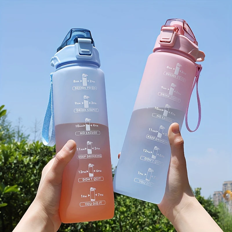 1L Sport Gradient Color Water Bottle Transparent Portable Time Marker Motivational Leakproof Office Outdoor Travel Gym Straw Cup