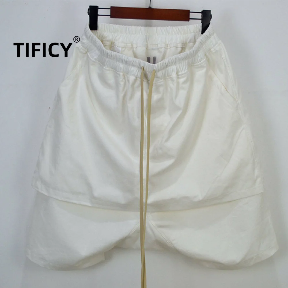 High Street RO Shorts Men's Dark Double Layered Hanging Crotch Loose Fit Streetwear Casual  Elastic Waist Five Quarter Pants