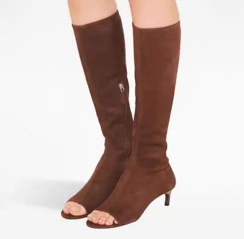 

Brown Suede Black White Leather Peep Toe Kitten Heel Slim Knee High Boots Women Fashion Hidden Zipper Stretch Long Boots Shoes