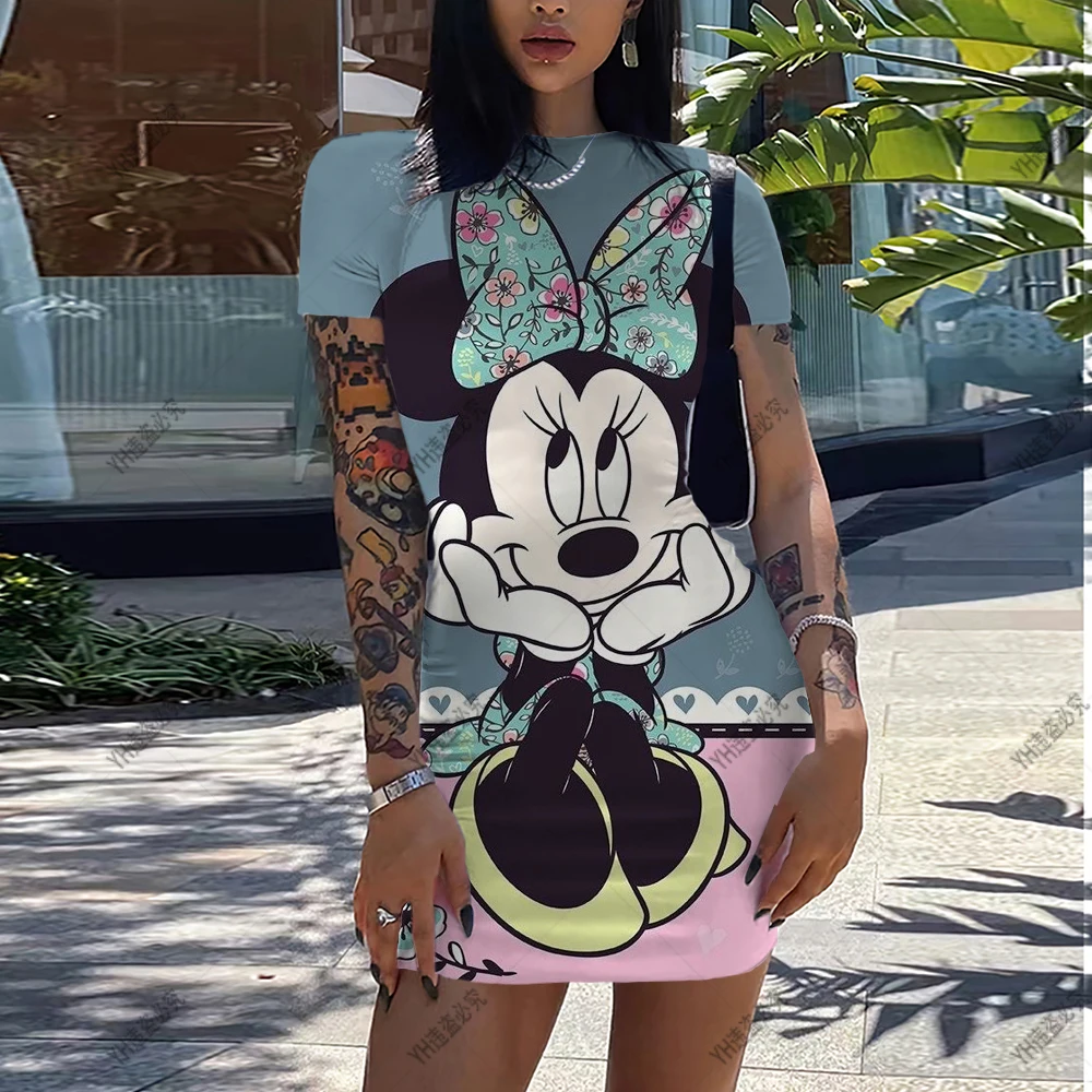 Disney-Vestidos de Mickey Mouse para mujer, minivestido elegante ajustado de oficina con cuello redondo, informal, estampado 3D de dibujos animados, Verano