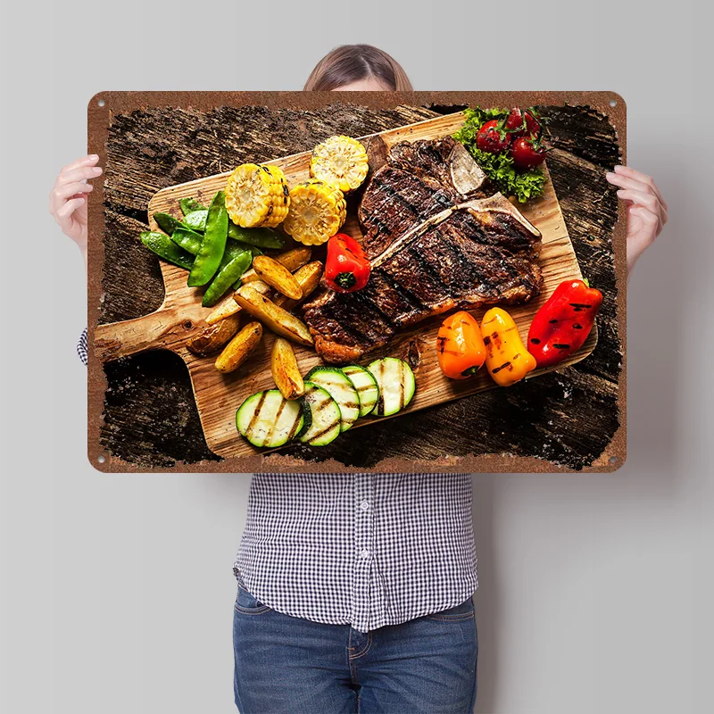 Grilled T-Bone Steak With Vegetables Poster Customized Wall Art Vintage Metal Signs Retro Tin Plaque for Man Cave Coffee Bar
