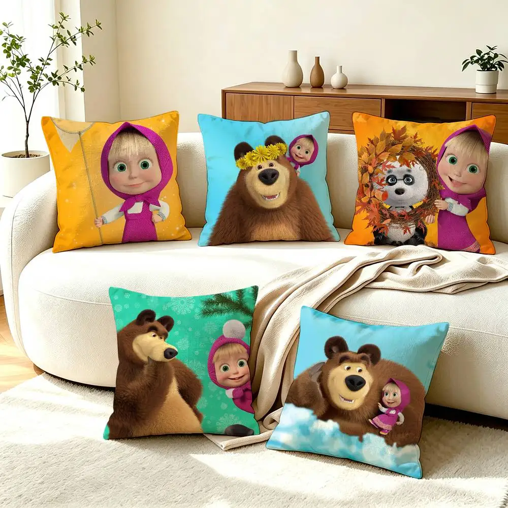 M-Masha and The Bear Russian Cartoon  Pillow Case Square Double-Sided Sofa Cushion Cover Bedroom Bedside Pillow